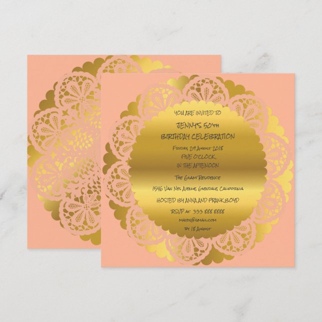 Invitación Fiesta de cumpleaños Golden Peach Pastel Lace Glam (Anverso / Reverso)