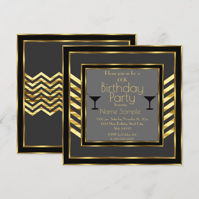 Invitación Fiesta de cumpleaños Gray Black Gold Art Deco Mart (Anverso / Reverso)