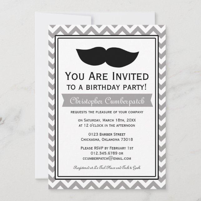 Invitación Fiesta de cumpleaños Gray Mustache Chevron (Anverso)