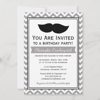 Invitación Fiesta de cumpleaños Gray Mustache Chevron