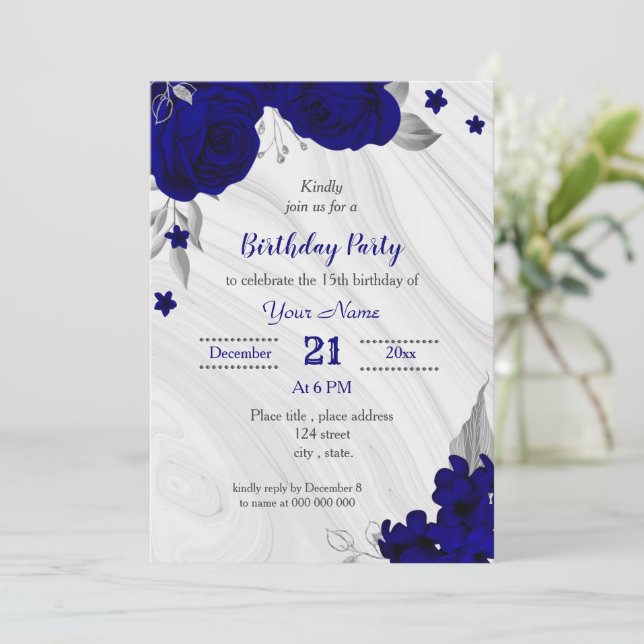 Invitación fiesta de cumpleaños gris de plata azul real (Anverso de pie)
