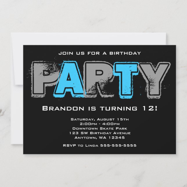 Invitación Fiesta de cumpleaños gris y azul (Anverso)