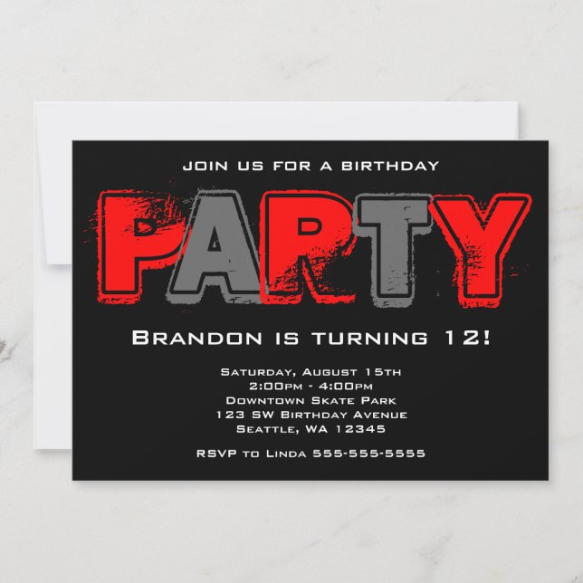 Invitación Fiesta de cumpleaños gris y rojo (Anverso)