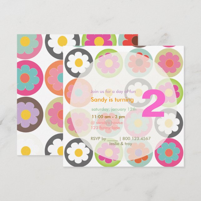 Invitación Fiesta de cumpleaños Groovy/Brillante Sesenta (Anverso / Reverso)