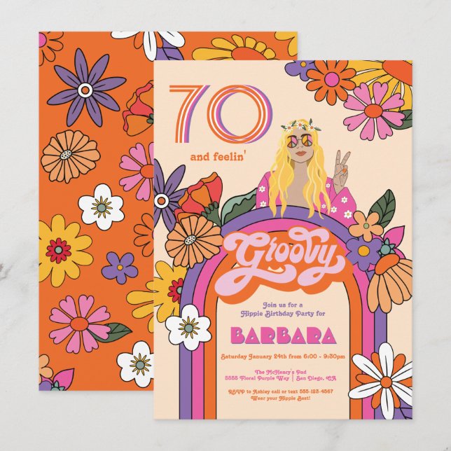 Invitación Fiesta de cumpleaños Groovy del Chica retro hippie (Anverso / Reverso)
