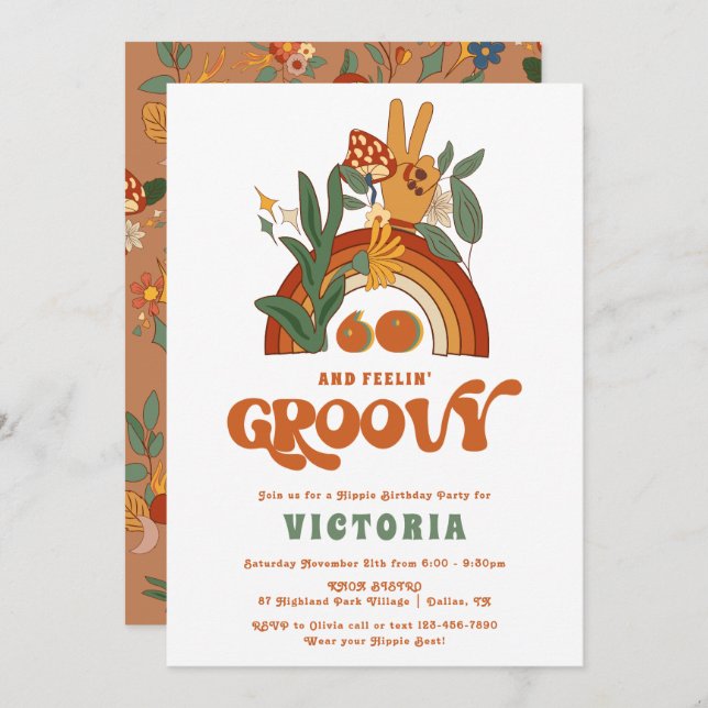 Invitación Fiesta de cumpleaños Groovy del retro Hippie 70 (Anverso / Reverso)