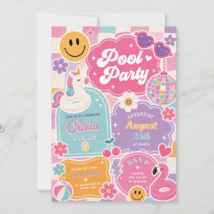 Invitación Fiesta de Cumpleaños Groovy Pool Retro Cara Sonrie