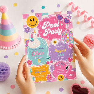 Invitación Fiesta de Cumpleaños Groovy Pool Retro Cara Sonrie