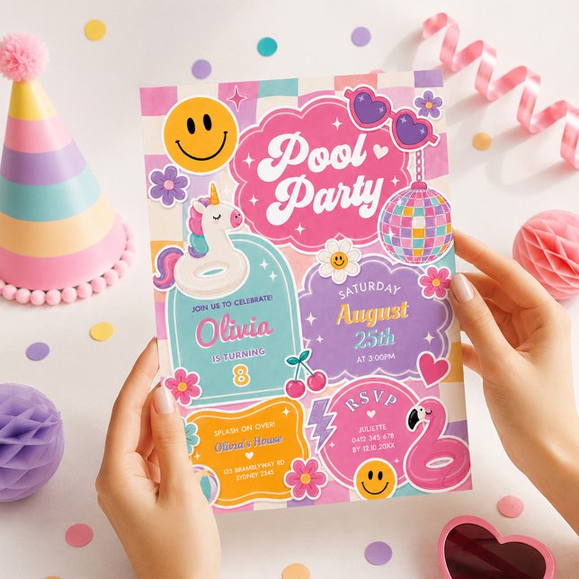 Invitación Fiesta de Cumpleaños Groovy Pool Retro Cara Sonrie (Subido por el creador)