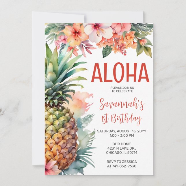Invitación Fiesta de Cumpleaños Hawaiana Aloha (Anverso)
