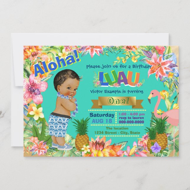 Invitación Fiesta de cumpleaños hawaiana de Luau del muchacho (Anverso)