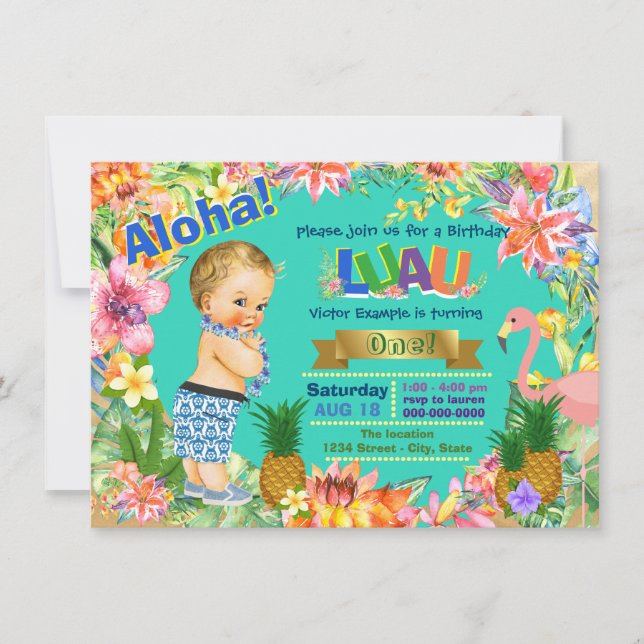 Invitación Fiesta de cumpleaños hawaiana de niño (Anverso)