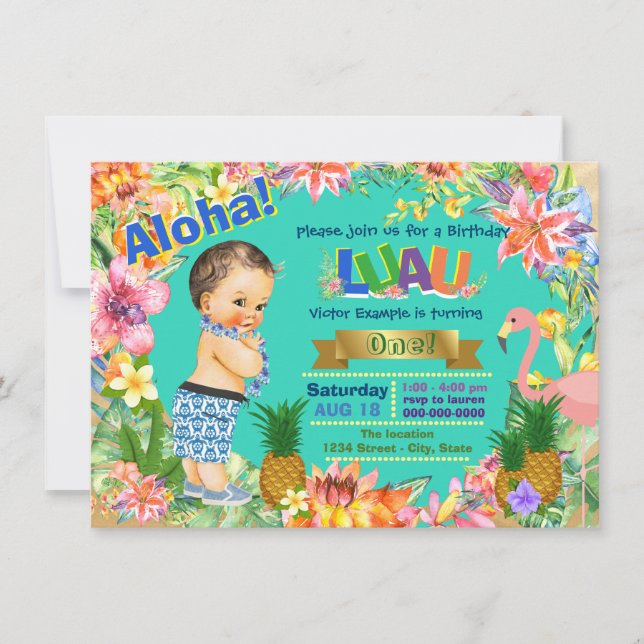 Invitación Fiesta de cumpleaños hawaiana para niño (Anverso)