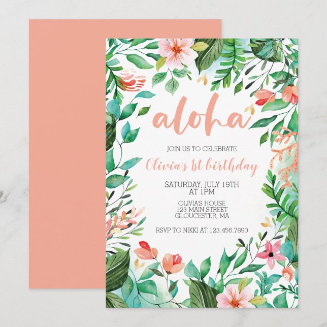 Invitación Fiesta de cumpleaños hawaiana tropical primero (Anverso / Reverso)