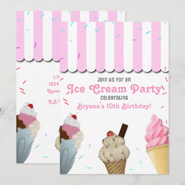 Invitación Fiesta de Cumpleaños Heladería Rosa I (Anverso / Reverso)