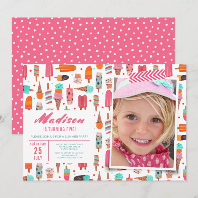 Invitación Fiesta de Cumpleaños | helado verano | Invitacione (Anverso / Reverso)