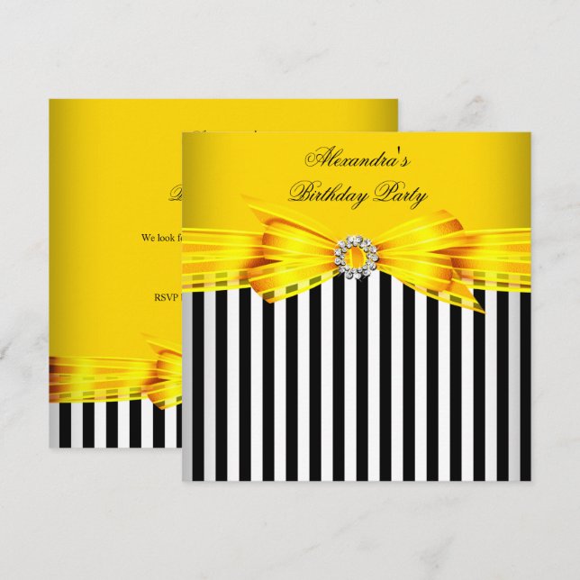 Invitación Fiesta de Cumpleaños Hermosa con Rayas Amarillas N (Anverso / Reverso)