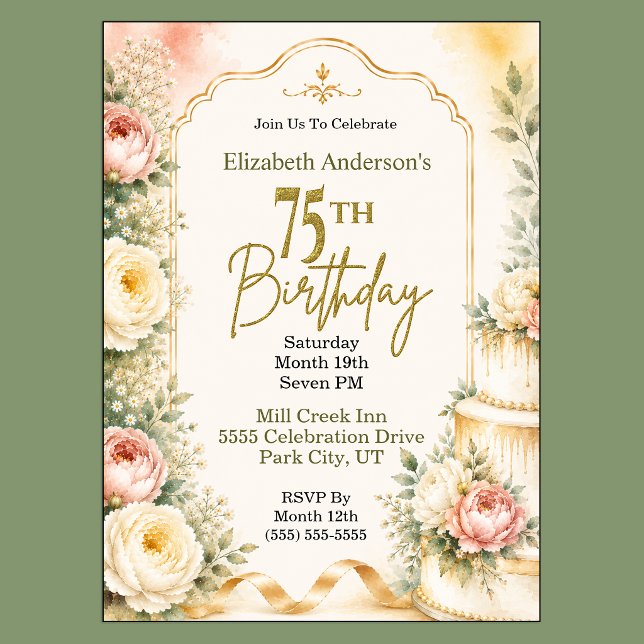 Invitación Fiesta de cumpleaños Hermosa Peonía 75 (Beautiful Peony Flower 75th Birthday Invitation For Women.)