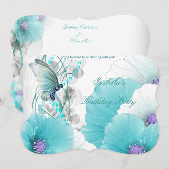 Invitación Fiesta de Cumpleaños Hermoso Floral Turquesa Blanc (Anverso / Reverso)