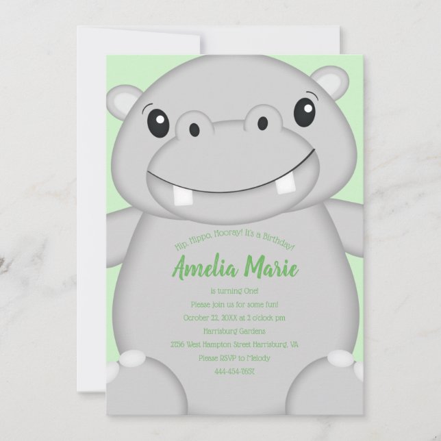 Invitación Fiesta de cumpleaños Hippo Green (Anverso)