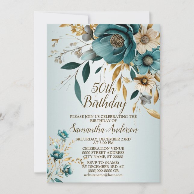 Invitación Fiesta de cumpleaños Hojas de oro de flores blanca (Anverso)
