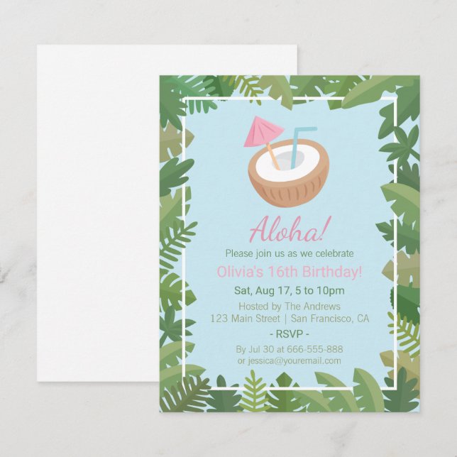 Invitación Fiesta de Cumpleaños Hojas Tropicales de Coco Aloh (Anverso / Reverso)