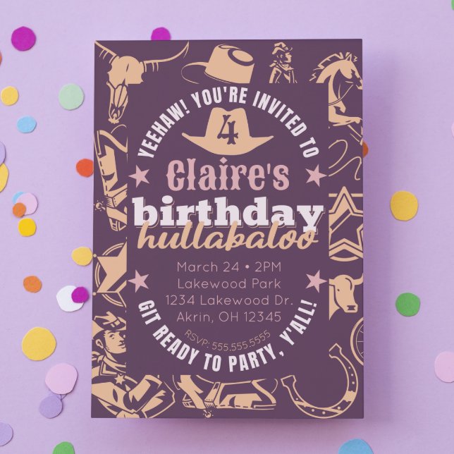 Invitación Fiesta de cumpleaños "Hullabaloo" de niña (cowgirl birthday party invitation purple cowboy hat western theme "birthday hullabaloo) Cute modern )