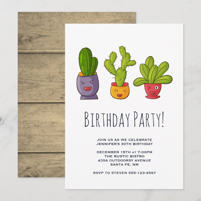 Invitación Fiesta de Cumpleaños Ilustración de Tres Cactus Li (Anverso / Reverso)