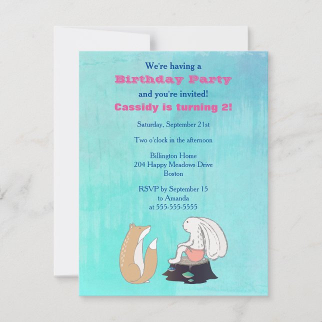 Invitación Fiesta de cumpleaños ilustrada Adorable Fox y Rabb (Anverso)