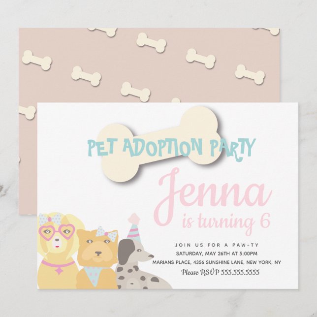 Invitación Fiesta de cumpleaños ilustrada para perro capricho (Anverso / Reverso)