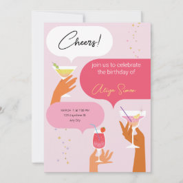 Invitación Fiesta de cumpleaños ilustrativa roja y rosa