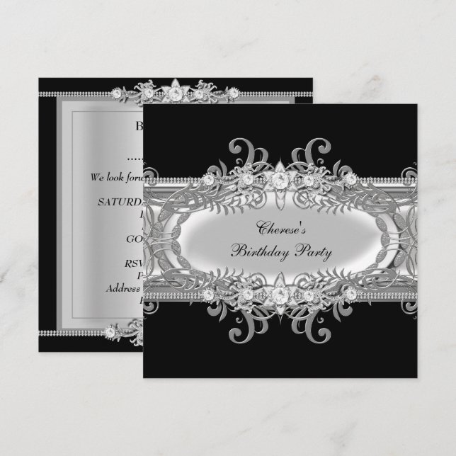 Invitación Fiesta de Cumpleaños Imagen de joyas Negro Blanco  (Anverso / Reverso)