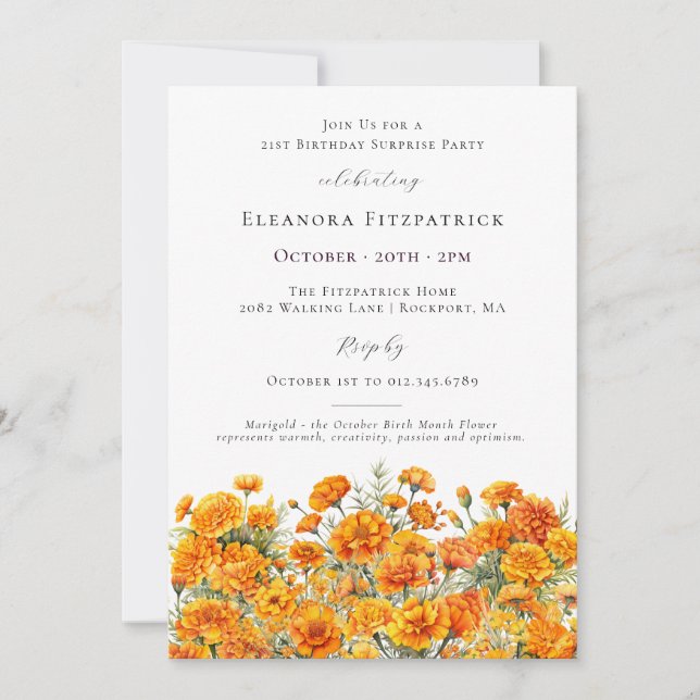 Invitación FIESTA DE CUMPLEAÑOS INESPERADA 21 de octubre Flor (Anverso)