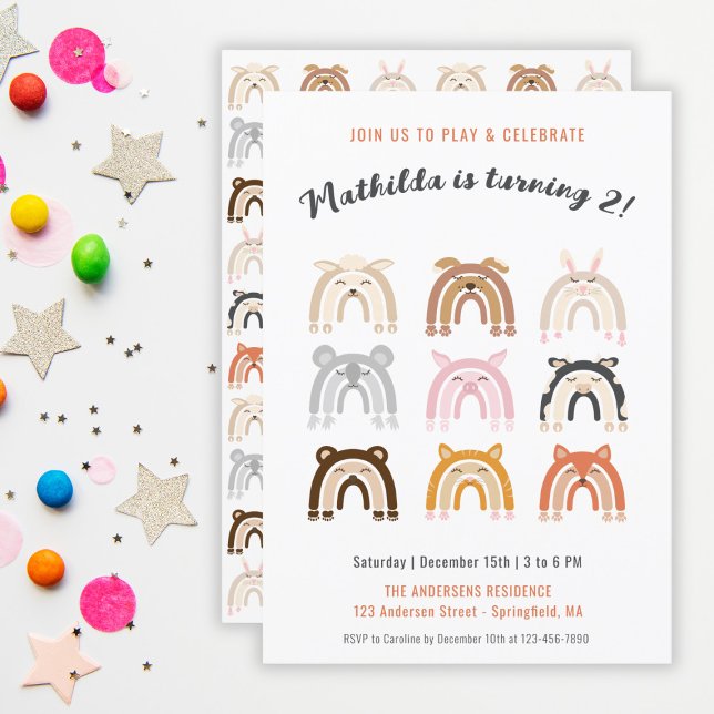 Invitación Fiesta de Cumpleaños Infantil Animales Lindos Arco (Rainbow Cute Animals Kids Birthday Party Invitation)