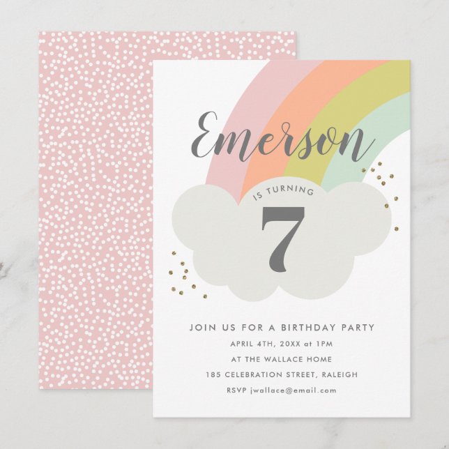 Invitación Fiesta de cumpleaños infantil arcoíris económica (Anverso / Reverso)