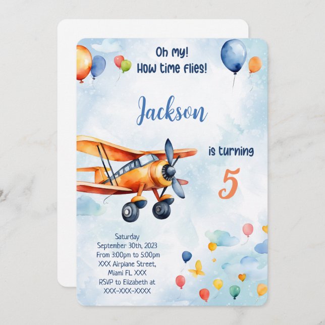 Invitación Fiesta de Cumpleaños Infantil Avión Naranja (Anverso / Reverso)