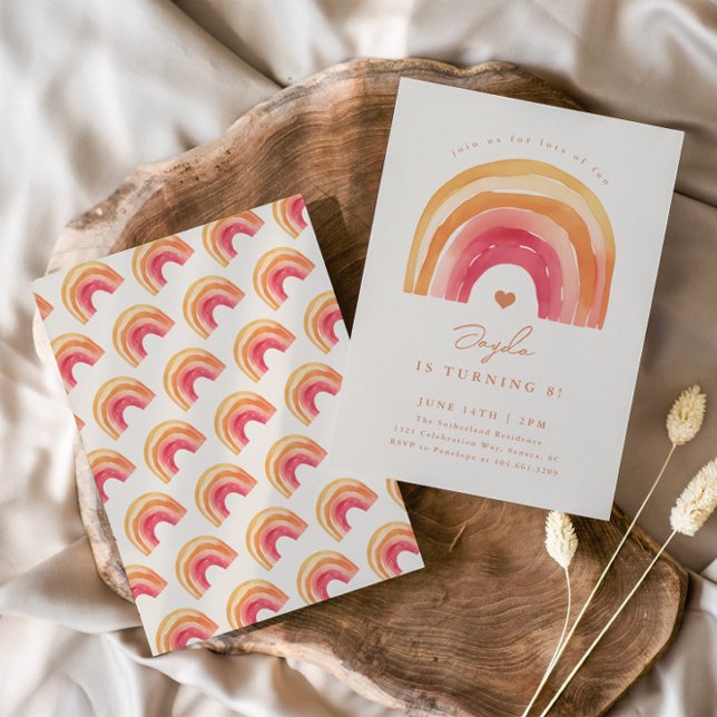 Invitación Fiesta de Cumpleaños Infantil Boho Arcoíris Terrac (Boho watercolor rainbow kids birthday party invitations.)