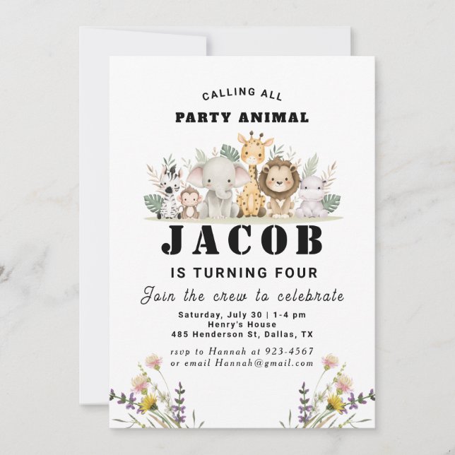 Invitación Fiesta de cumpleaños infantil con animales de flor (Anverso)