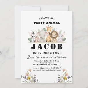 Invitación Fiesta de cumpleaños infantil con animales de flor