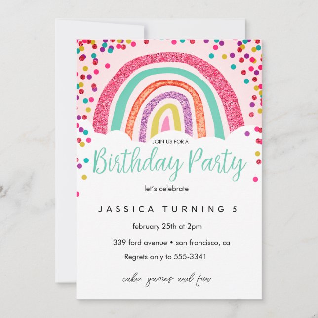 Invitación Fiesta de Cumpleaños Infantil con Brillo de Arcoír (Anverso)