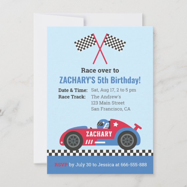 Invitación Fiesta de Cumpleaños Infantil con Coche de Carrera (Anverso)