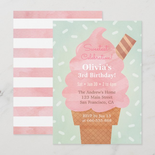 Invitación Fiesta de Cumpleaños Infantil con Helado Rosa Acua (Anverso / Reverso)