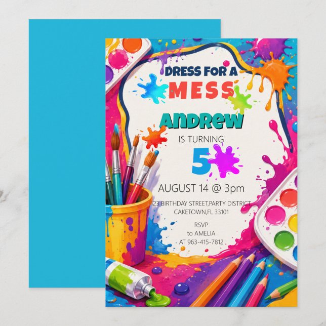 Invitación Fiesta de Cumpleaños Infantil con Salpicaduras de  (Anverso / Reverso)