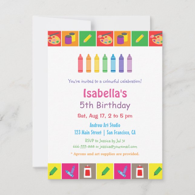 Invitación Fiesta de Cumpleaños Infantil con Tema de Artes y  (Anverso)