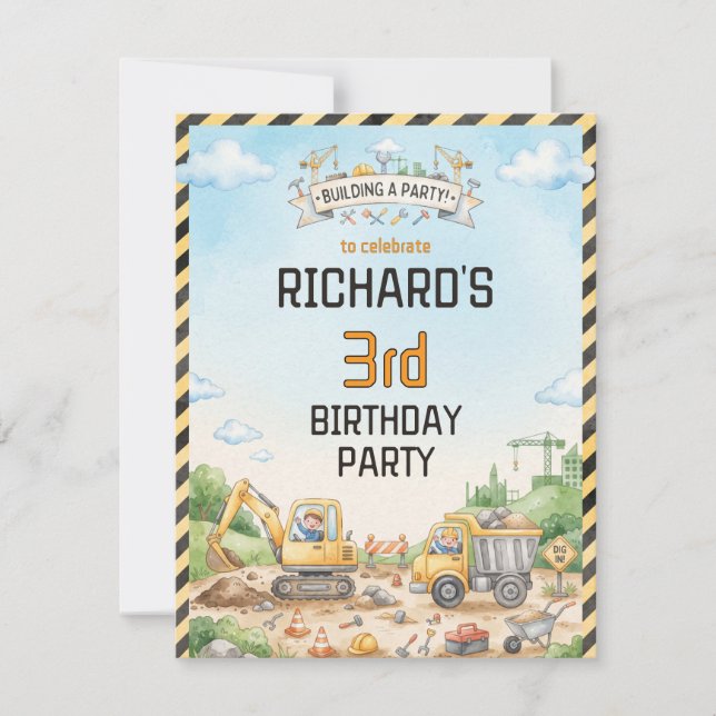 Invitación Fiesta de Cumpleaños Infantil con Tema de Construc (Anverso)