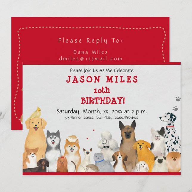 Invitación Fiesta de cumpleaños infantil cute perros (Anverso / Reverso)