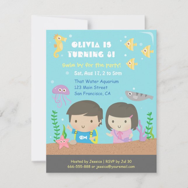 Invitación Fiesta de Cumpleaños Infantil de Acuario Subacuáti (Anverso)