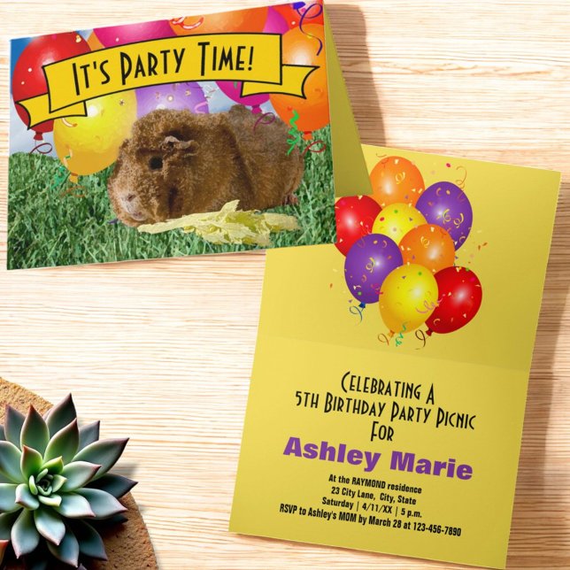 Invitación Fiesta de cumpleaños infantil de animales Cobaya G (Party invitation on folded greeting card cover and Inside)