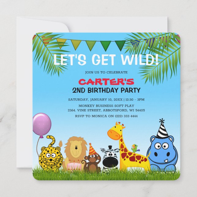 Invitación Fiesta de cumpleaños infantil de animales de safar (Anverso)