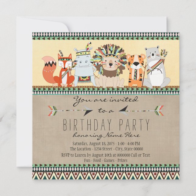 Invitación Fiesta de cumpleaños infantil de animales tribales (Anverso)